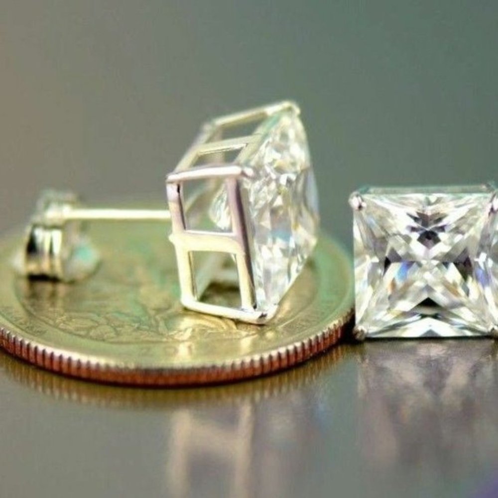 Solid 14k White Gold Princess Cut Clear Basket Push Back Stud Earrings Sz10x10mm - Picture 5 of 10